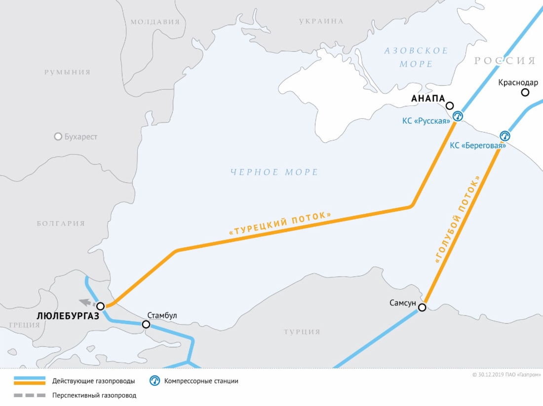 Схема газопроводов «Турецкий поток» и «Голубой поток»